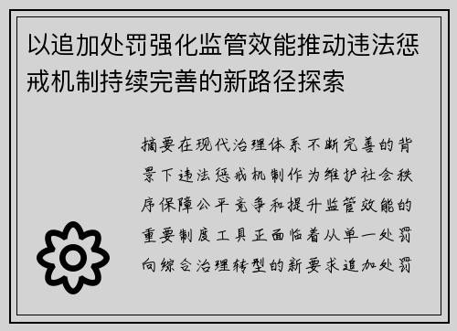 以追加处罚强化监管效能推动违法惩戒机制持续完善的新路径探索 以追加处罚强化监管效能推动违法惩戒机制持续完善的新路径探索